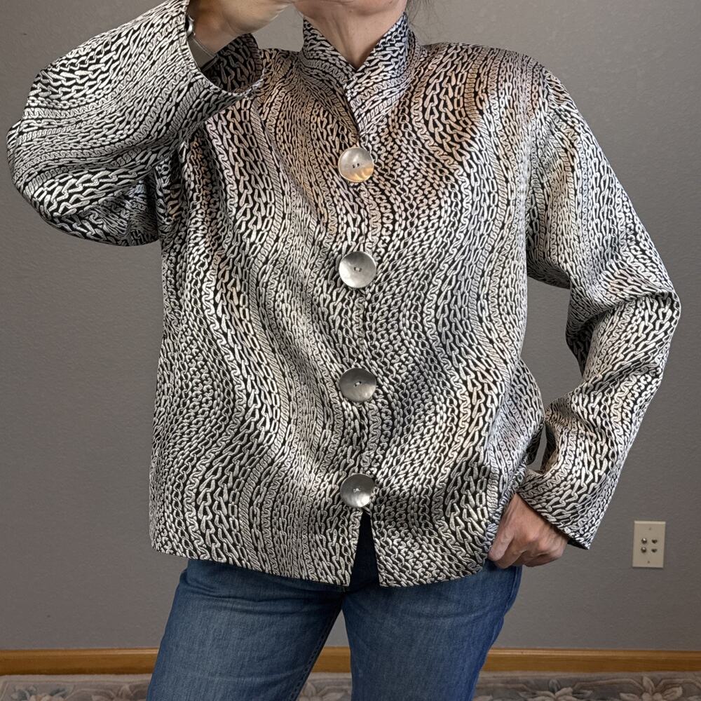 Caroline Rose Silver Chain Print Blazer Size XL Mandarin Collar Metal Button